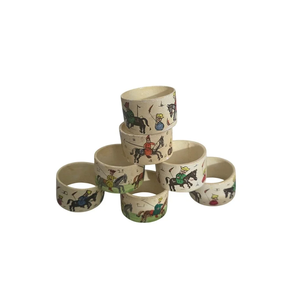 Vintage Hand Painted Polo Player Napkin Rings Set of 7 Equestrian Folk Art Cream